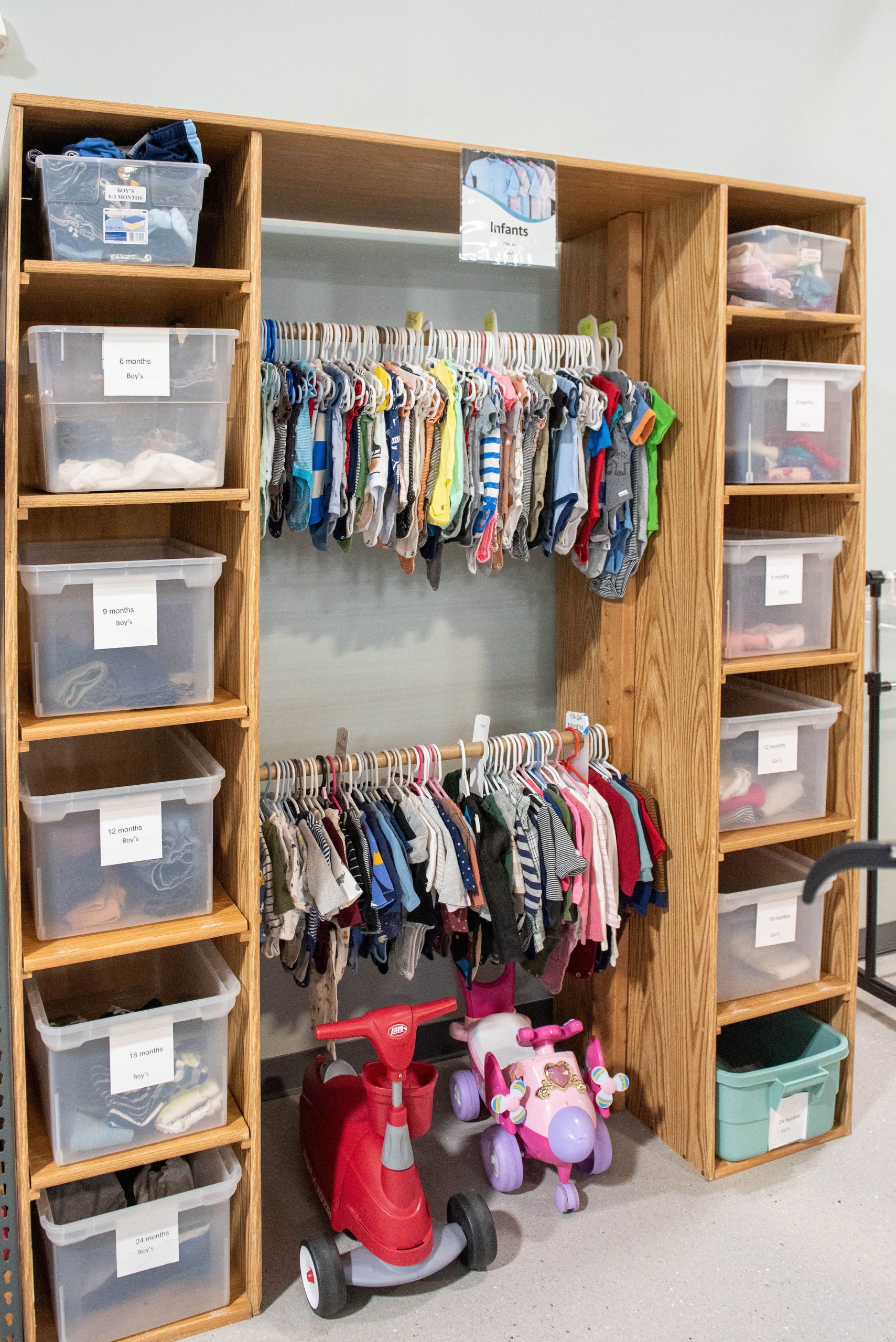 The clothes closet accepts donations of baby clothes